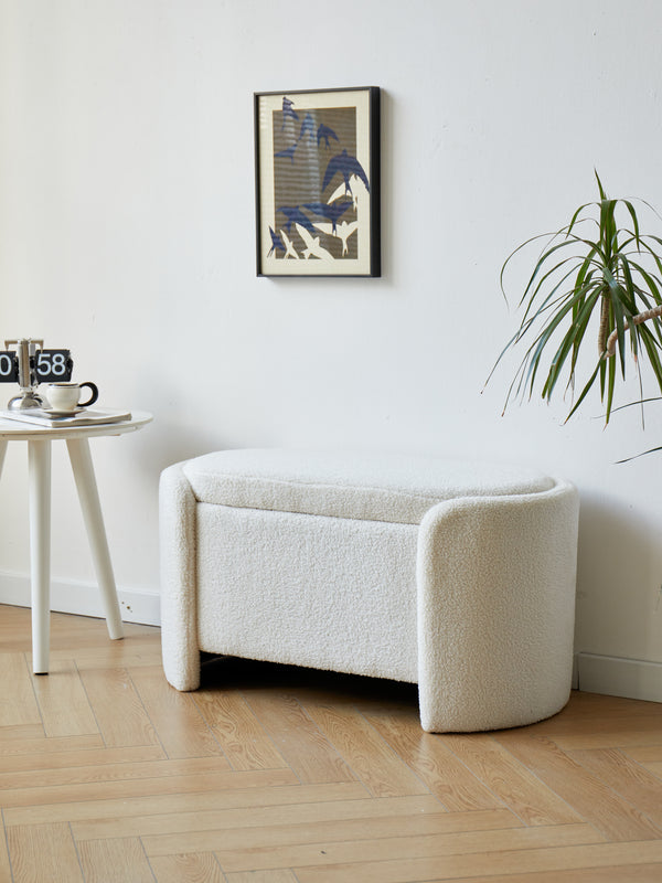 Banc avec rangement en bouclettes blanches