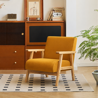 LOUIS - Poltrona in legno massello e velluto giallo senape