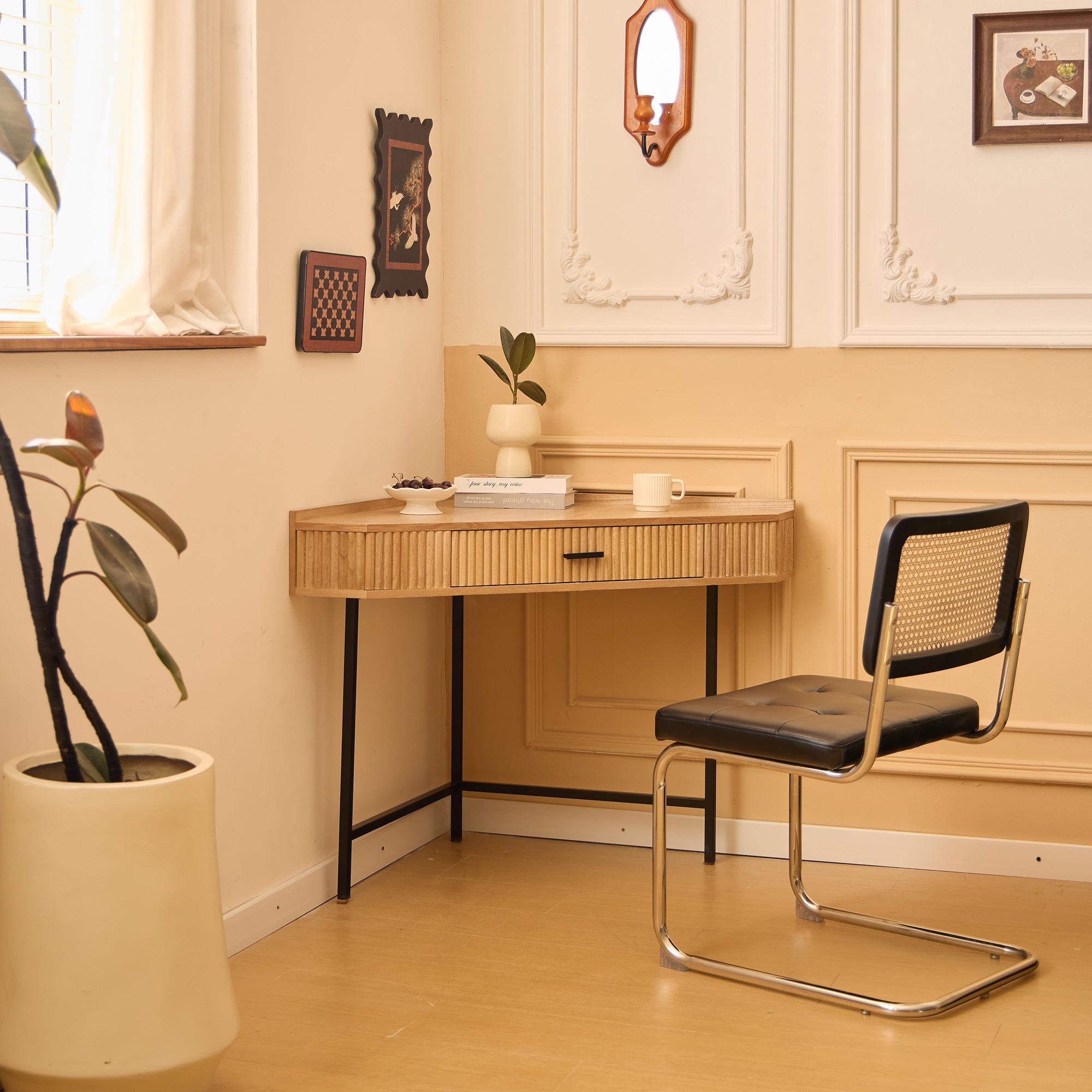 SETO – Biurko narożne z drewna i metalu, 1 szuflada