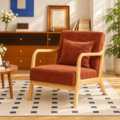OHAMA - Solid Wood Lounge Chair in Terracotta Fabric