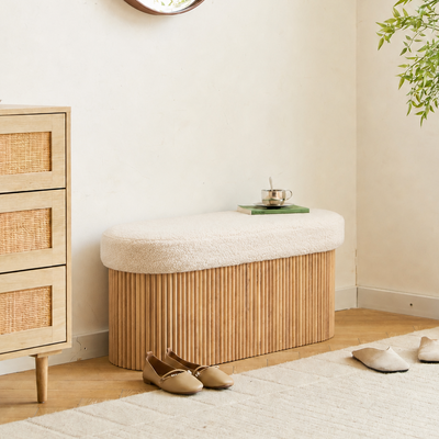 BAOTSU - Panca contenitore in legno con rivestimento bouclé bianco