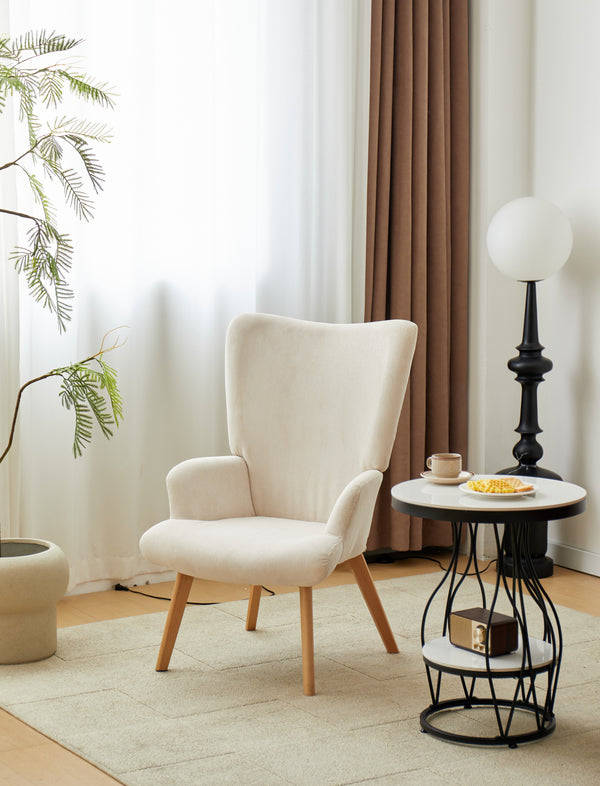 MALMO - Fauteuil de salon en bois massif et velours côtelé beige