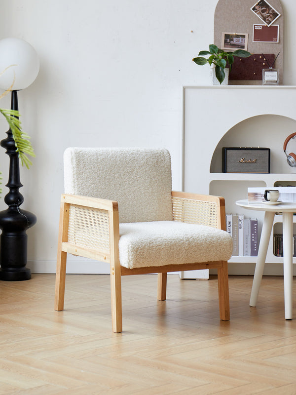 Fauteuil de salon en bois massif et cannage blanc