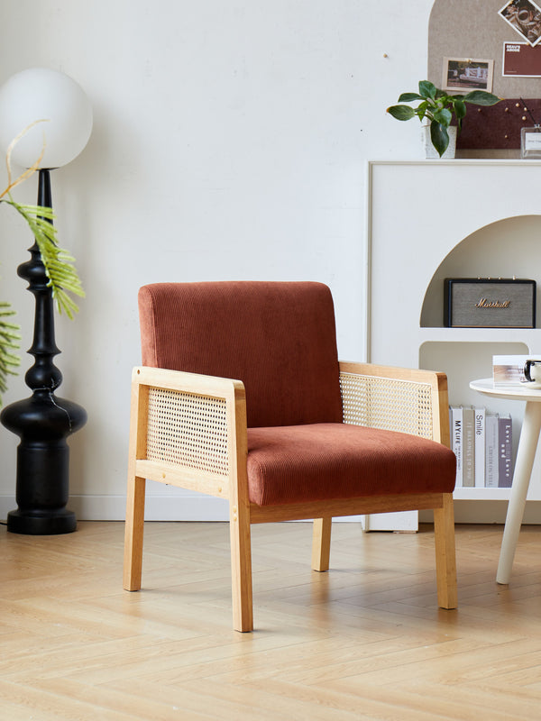 Fauteuil de salon en bois massif et cannage terracotta