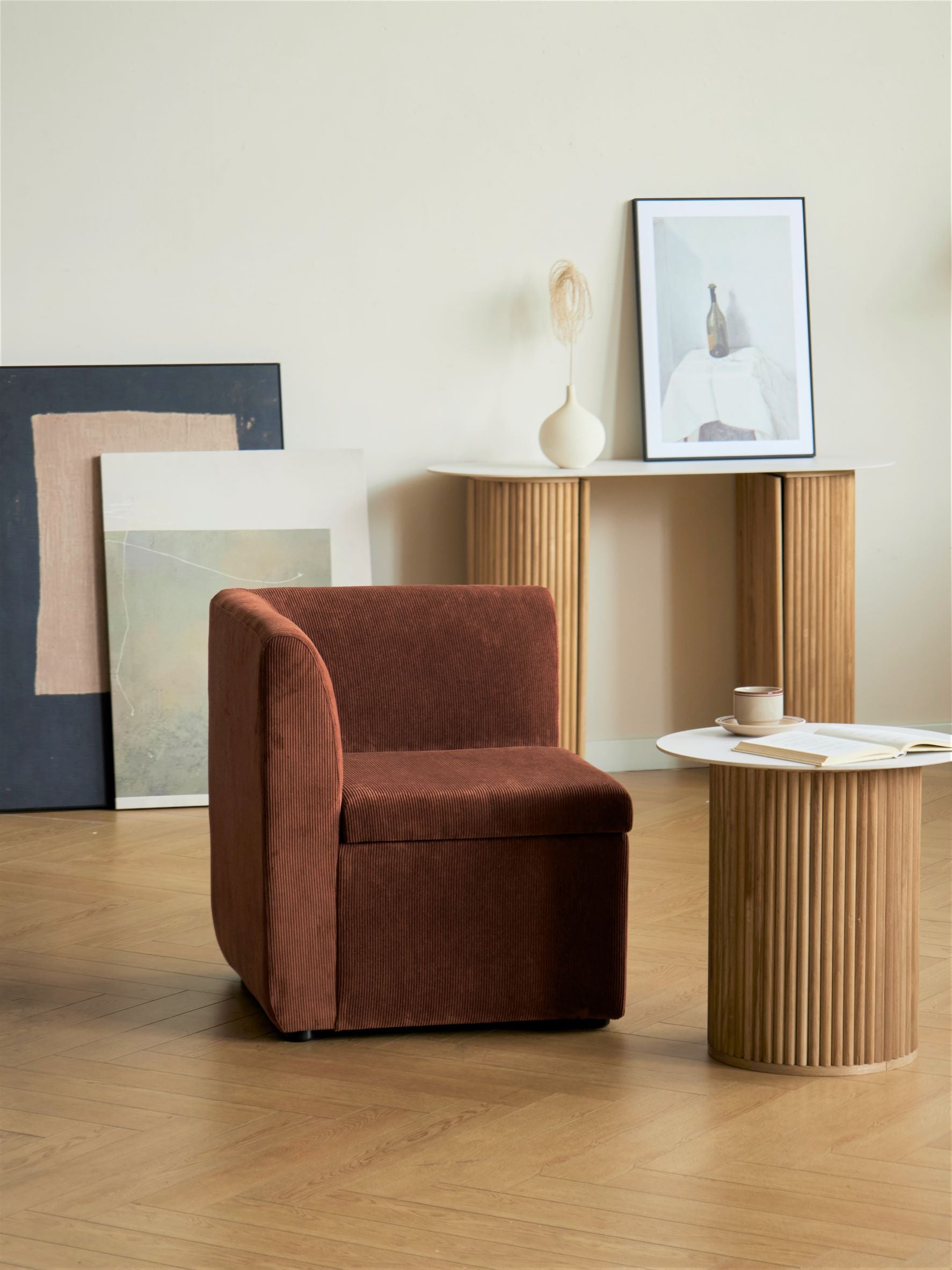 VARDE - Canapé d'angle modulable 1 personne en velours côtelé terracotta