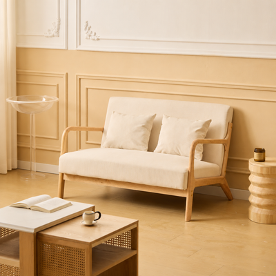 OHAMA2SEATERS - Scandinavische tweezitsbank van hout en beige ribfluweel