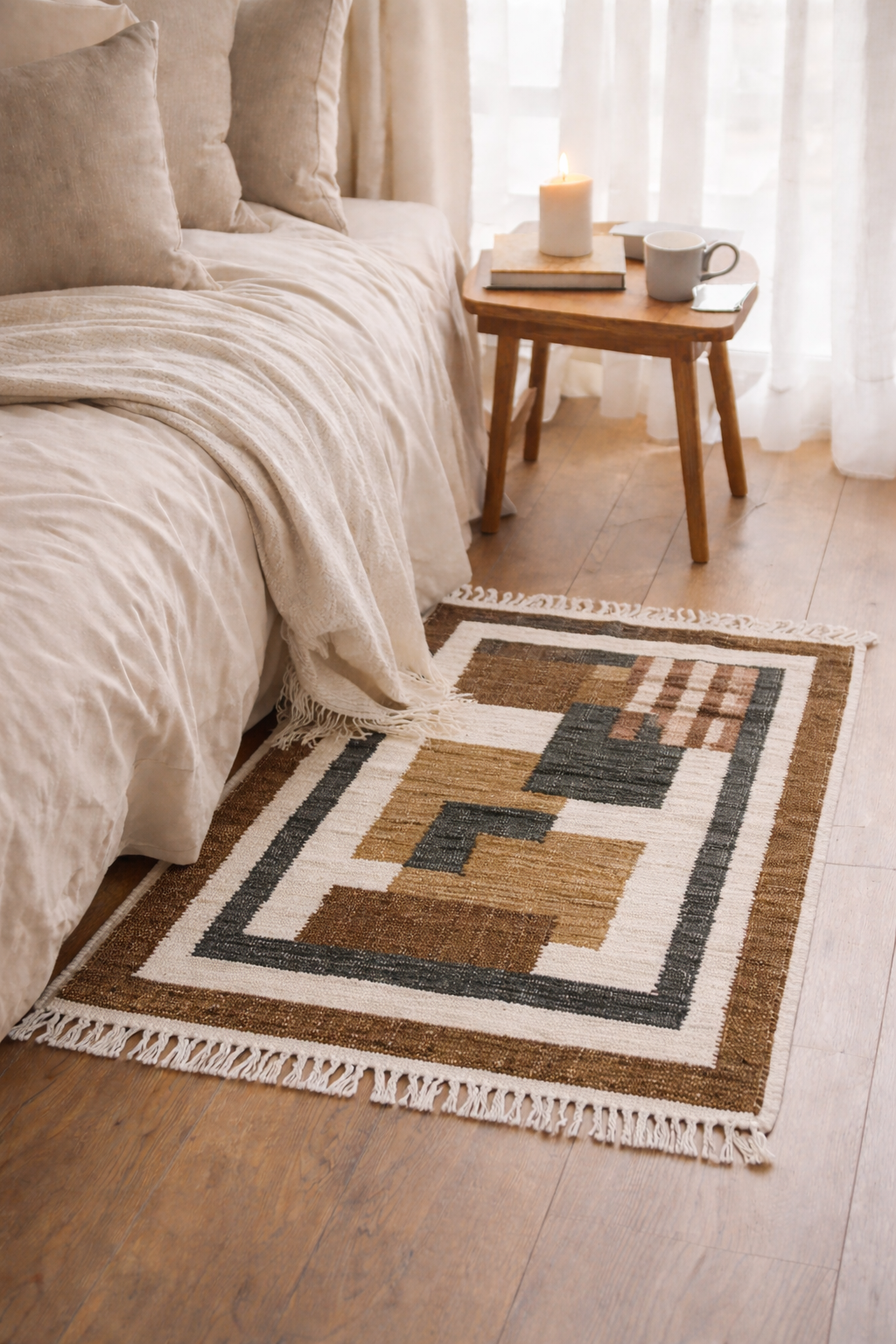 KOLARI – prostokątny dywanik bawełniany z brązowymi i ecru wzorami, 90 x 60 cm
