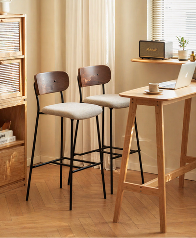 TABLINCOLN - Set van 2 barkrukken van metaal en essen hout, grijze stoffen bekleding