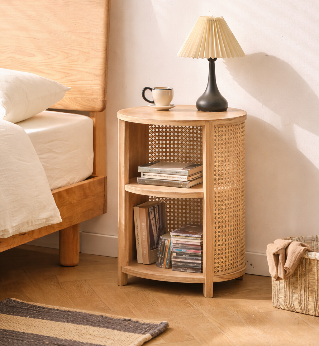 ALTA – stolik nocny z 2 schowkami z drewna i naturalnego rattanu