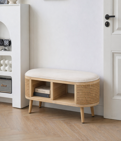 ISUMI - Panca contenitore in rattan e velluto beige