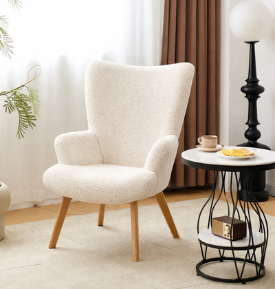 MALMÖ - Poltrona in legno massello e bouclé bianco