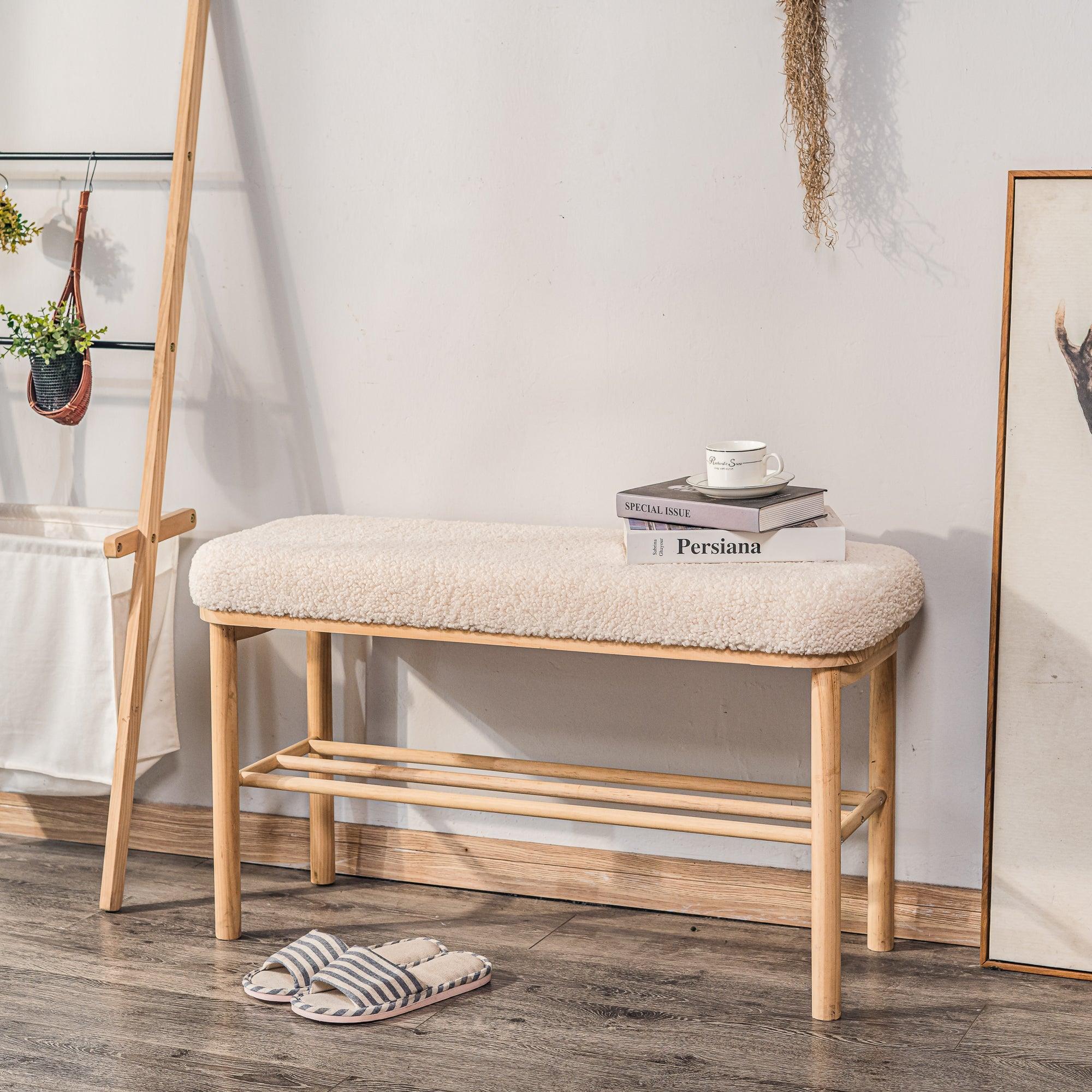 Ławka z schowkiem z litego drewna sosnowego i białymi pętelkami