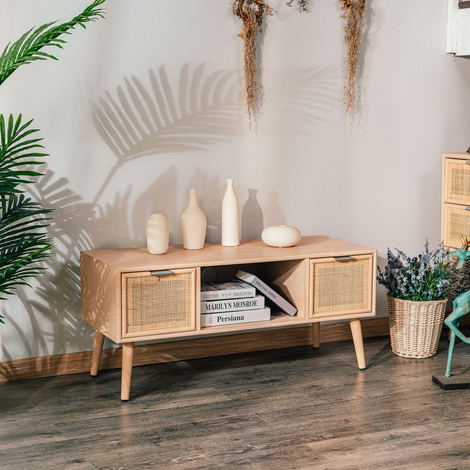 Mebel pod telewizor z 2 szufladami, wykonany z drewna i rattanu