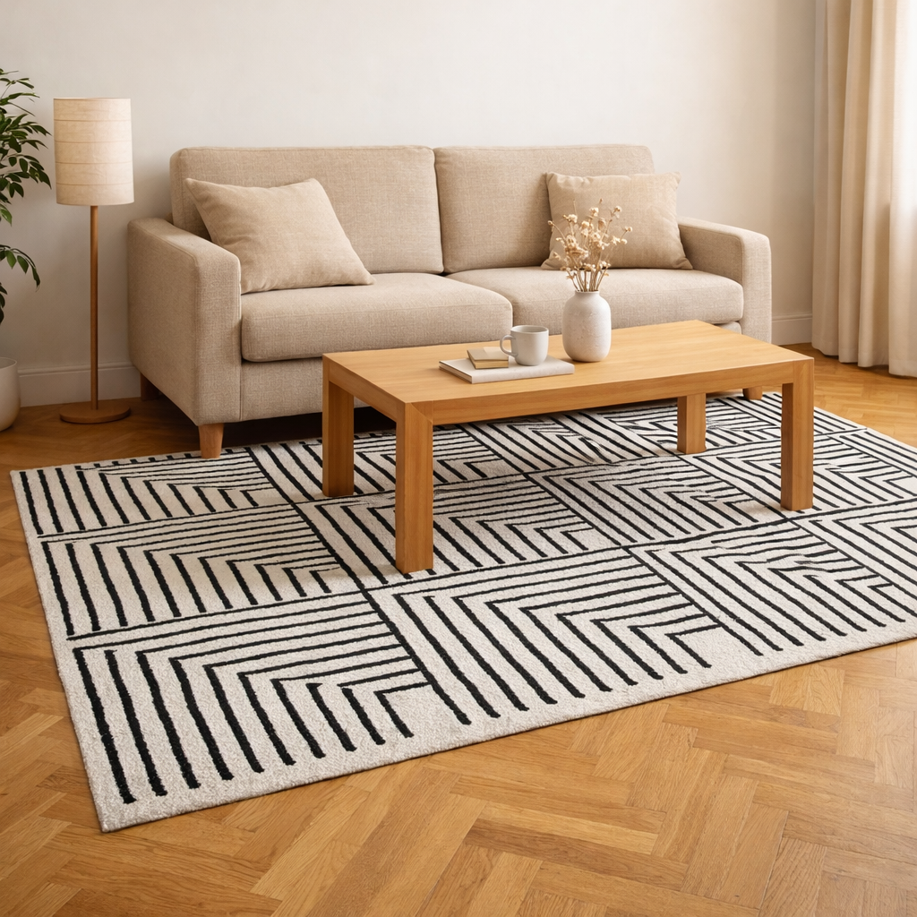 KEVO – prostokątny dywanik bawełniany z beżowymi i czarnymi wzorami, 120 x 180 cm