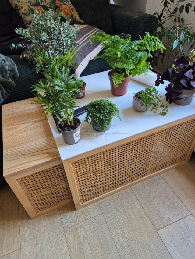 TROMSO – Zestaw 2 stolików kawowych z rattanu i blatem imitującym marmur