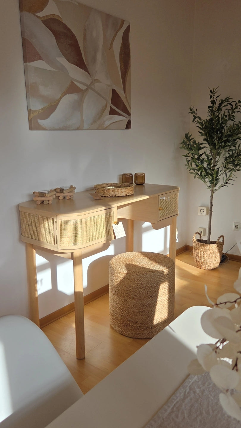 TOYAMA – Biurko z 2 drzwiami, wykonane z drewna i rattanu