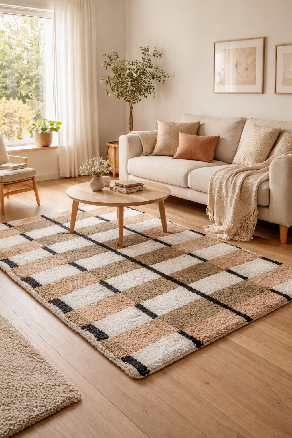 VAXJO – prostokątny dywanik bawełniany z brązowymi i ecru wzorami, 120 x 180 cm