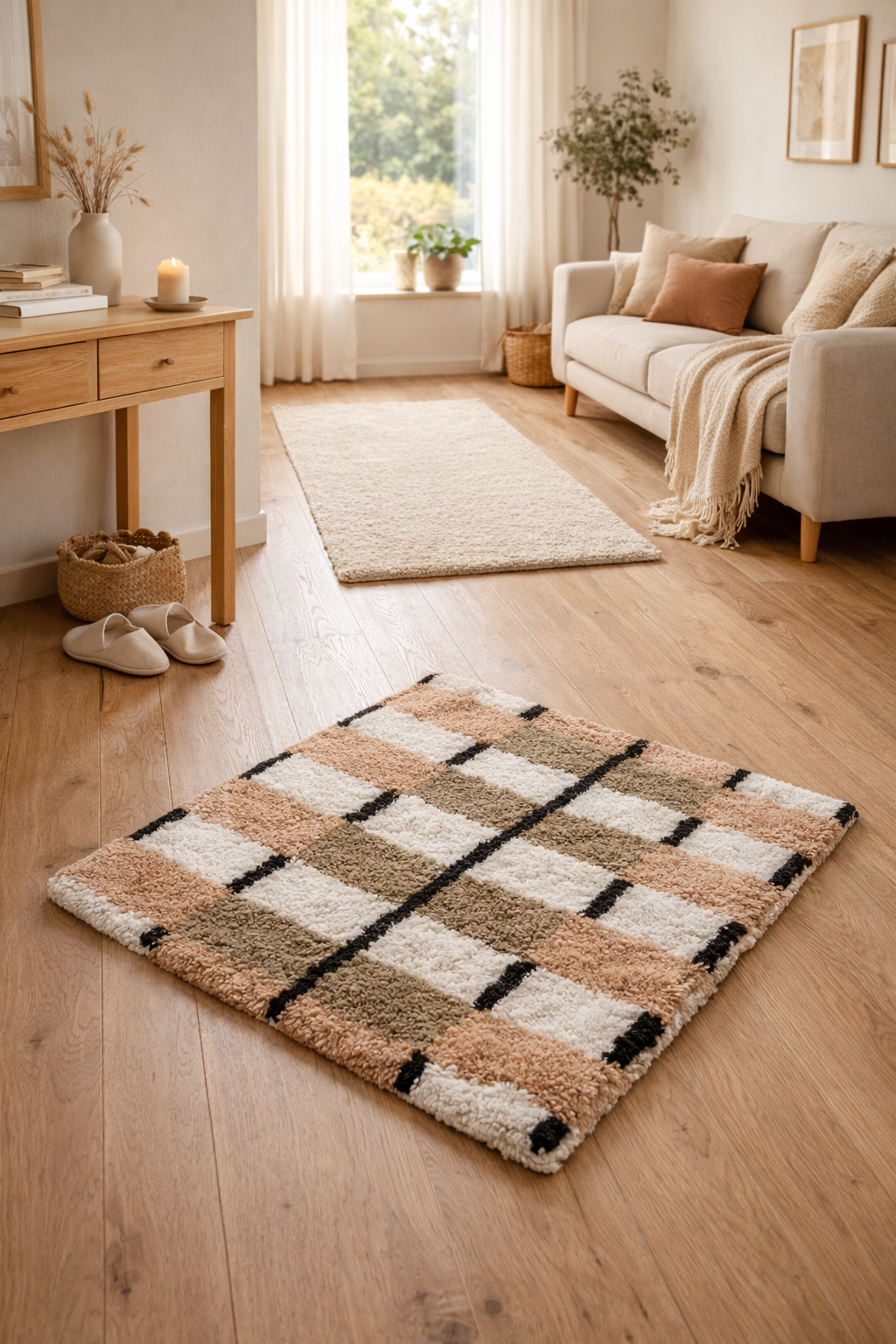 VAXJO – prostokątny dywanik bawełniany z brązowymi i ecru wzorami, 90 x 60 cm