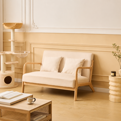 OHAMA2SEATERS - Scandinavische bank 2 zitplaatsen van hout en beige stof