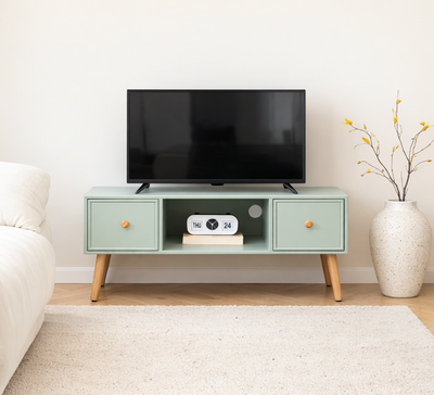 AKITA - TV-meubel met 2 laden van massief hout in mintgroen