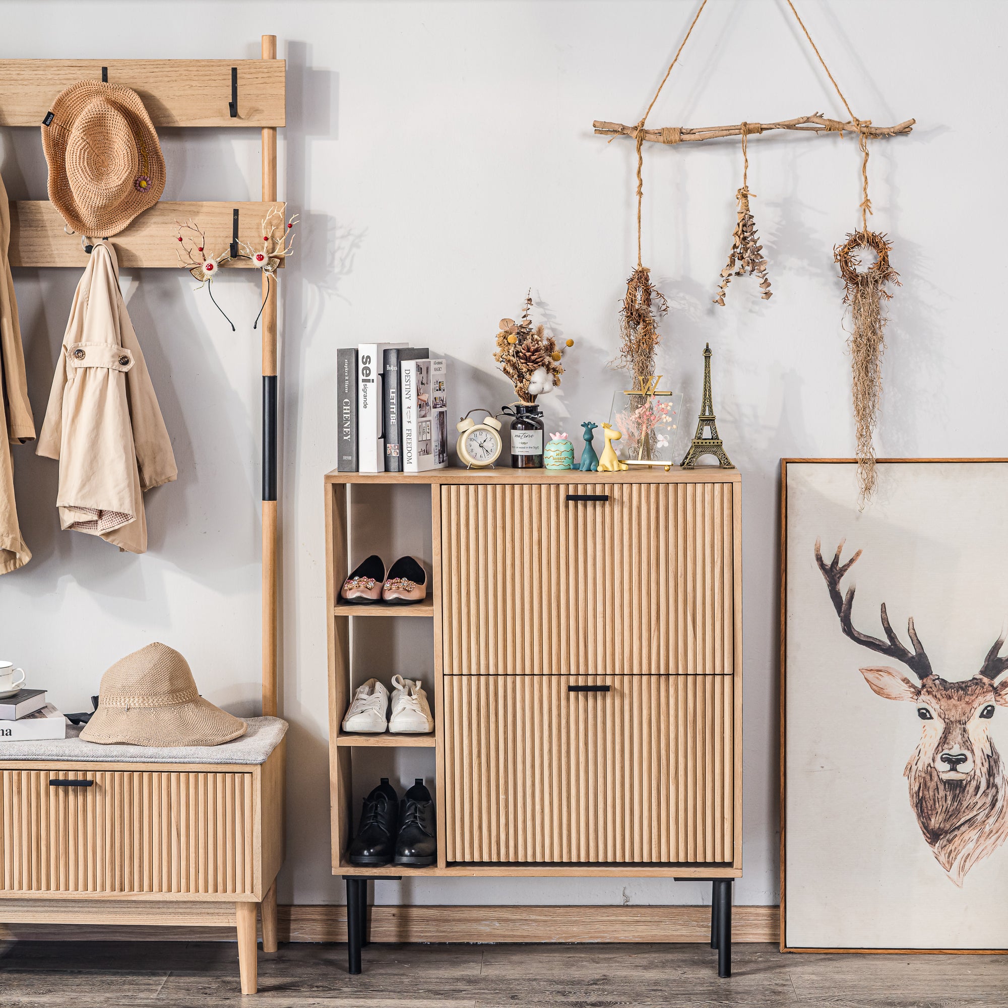 Szafka na buty z 2 szufladami, wykonana z drewna i metalu