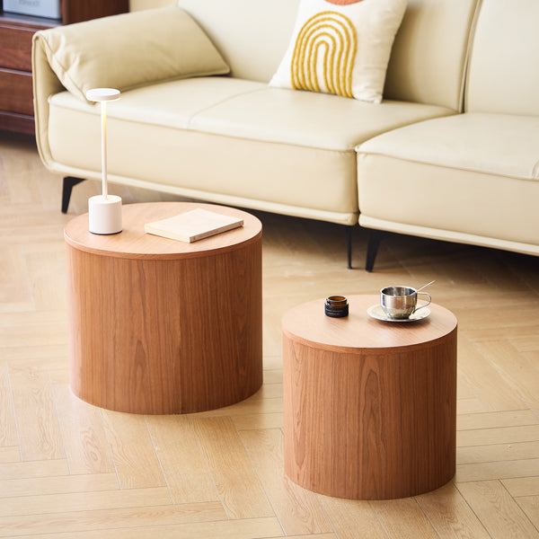 YATOMI - Set de 2 tables basses rondes en bois massif avec rangement