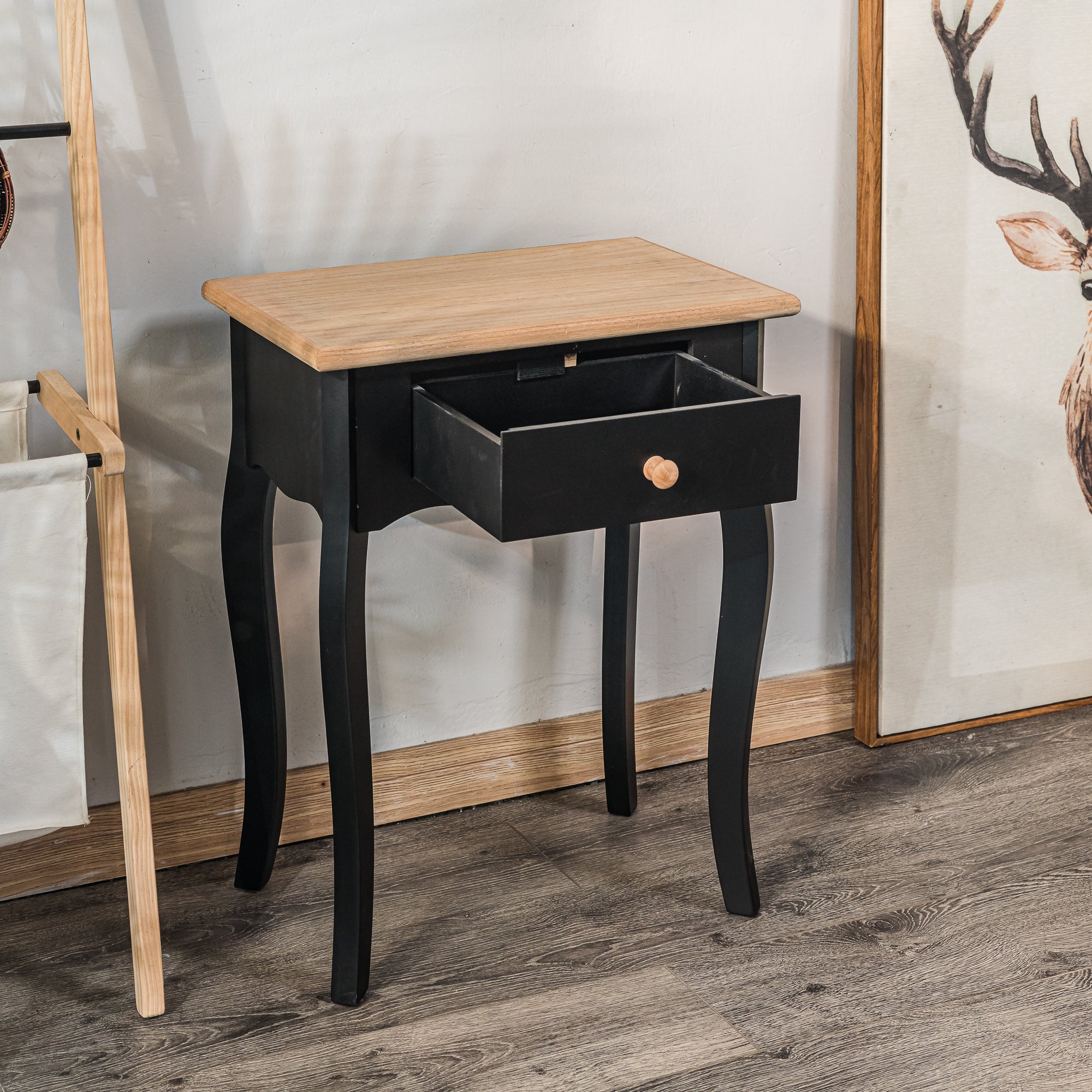 Szafka nocna z 1 szufladą, czarna drewniana