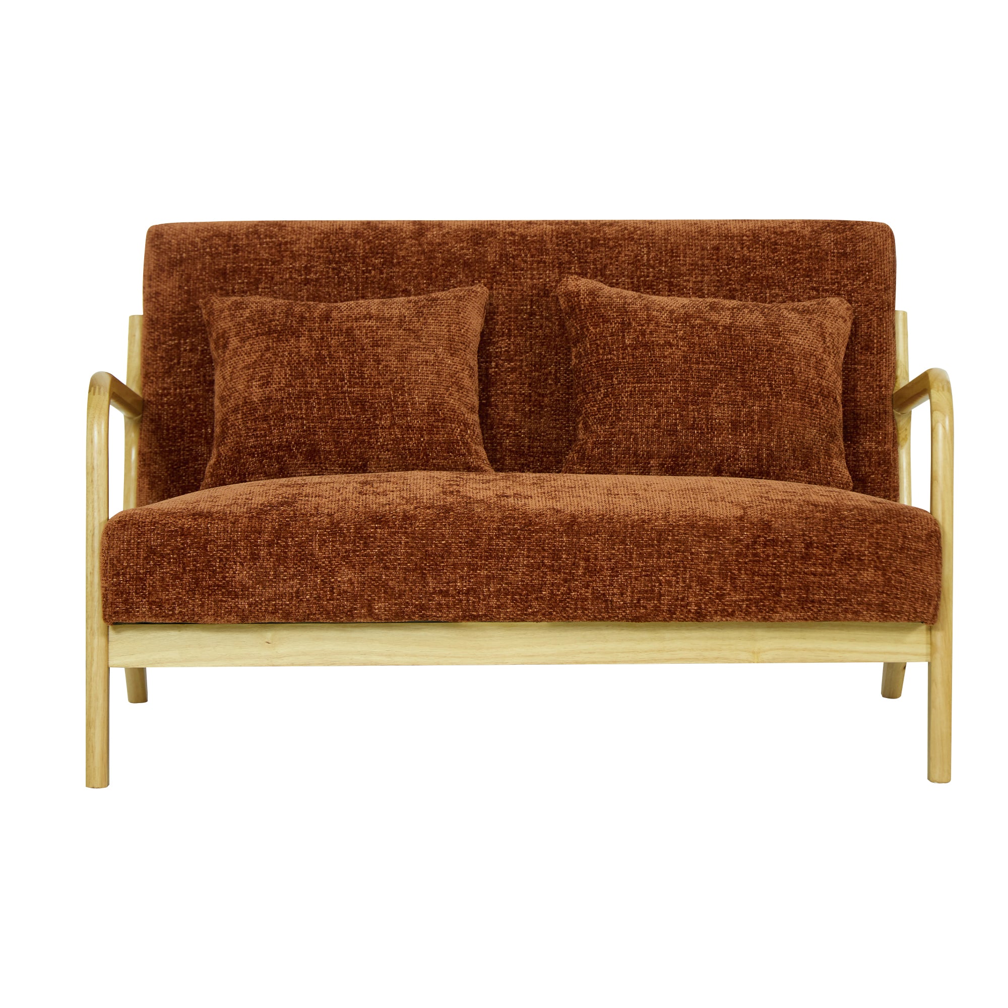 OHAMA – Skandynawska ławka 2-osobowa z drewna i tkaniny w kolorze terakoty