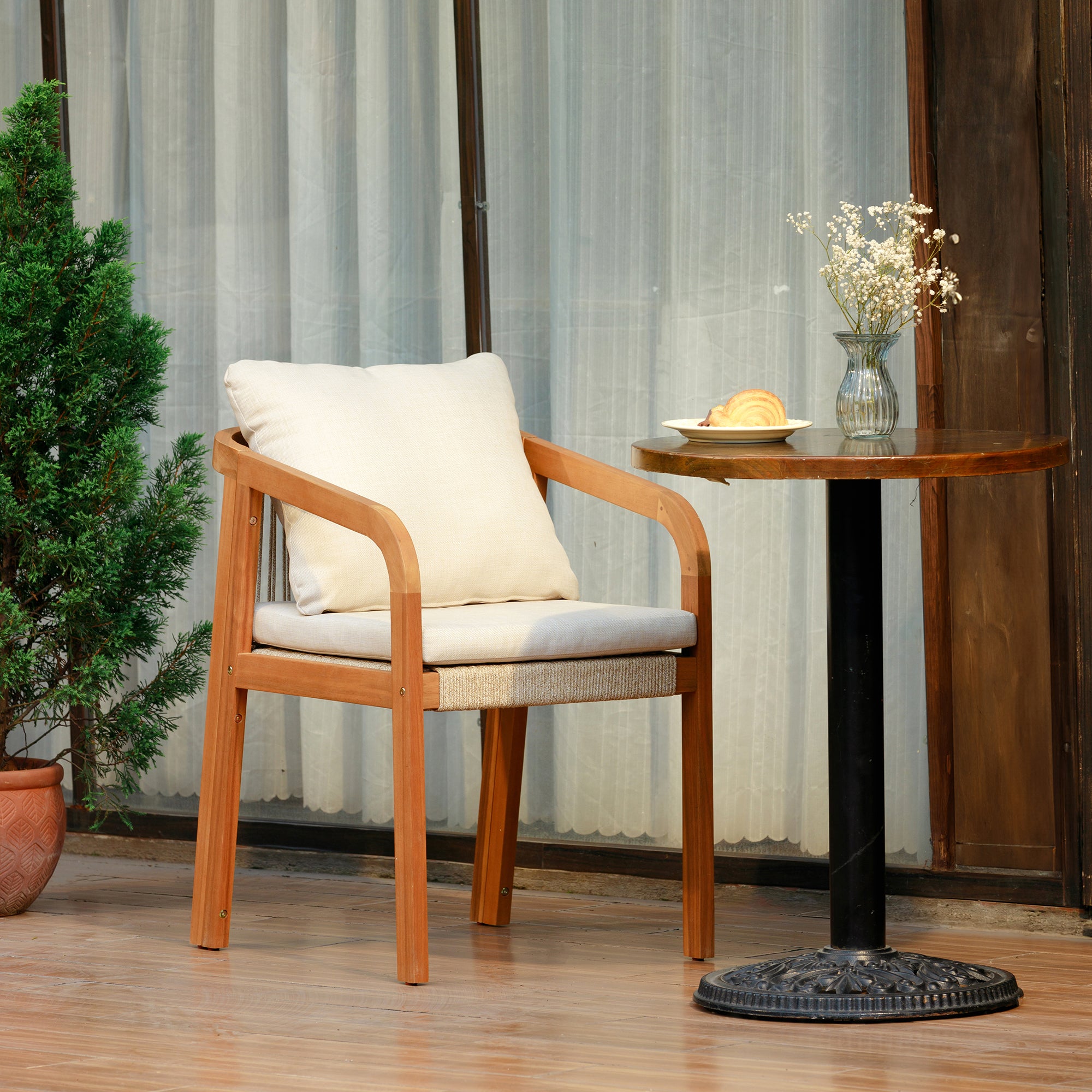 DELGADO – Zestaw 2 krzeseł do wnętrz i na zewnątrz, wykonanych z litego drewna i beżowej tkaniny