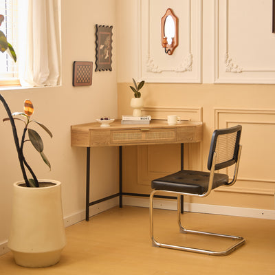 SETO - Scrivania angolare in legno e rattan con 1 cassetto