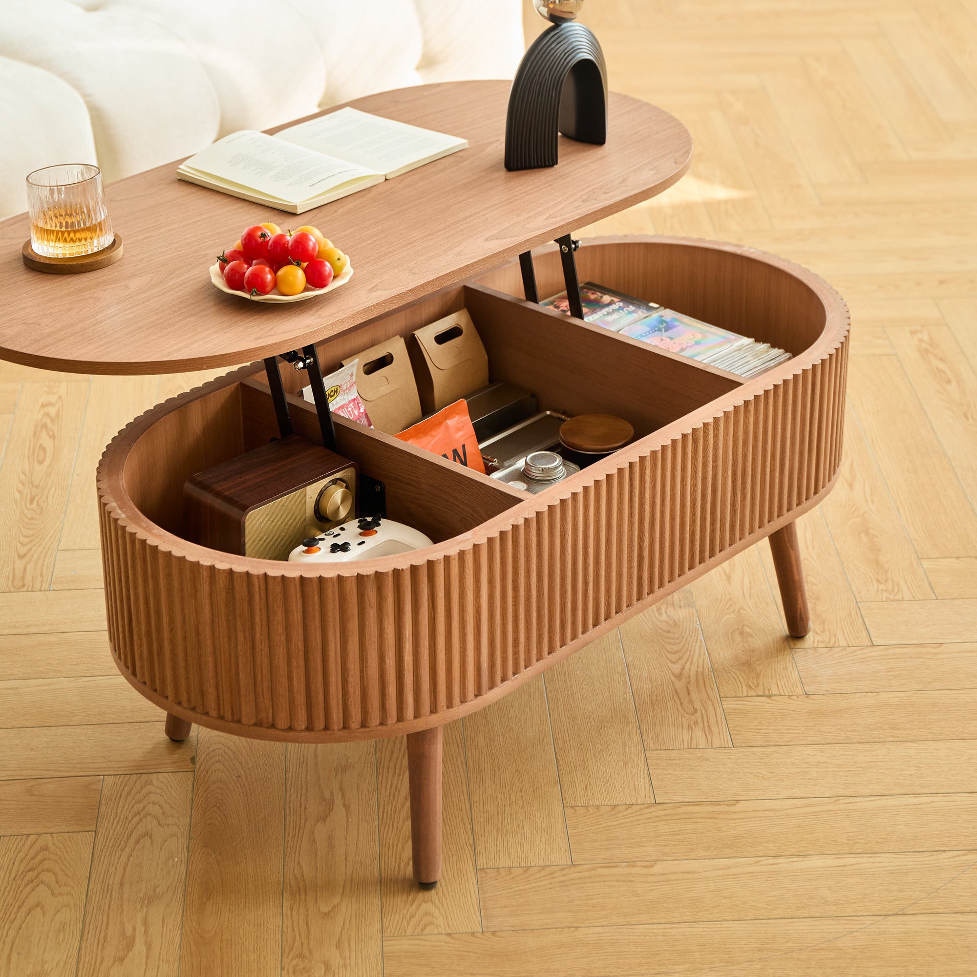 LOTTA – stolik kawowy z drewna orzechowego funkcją przechowywania