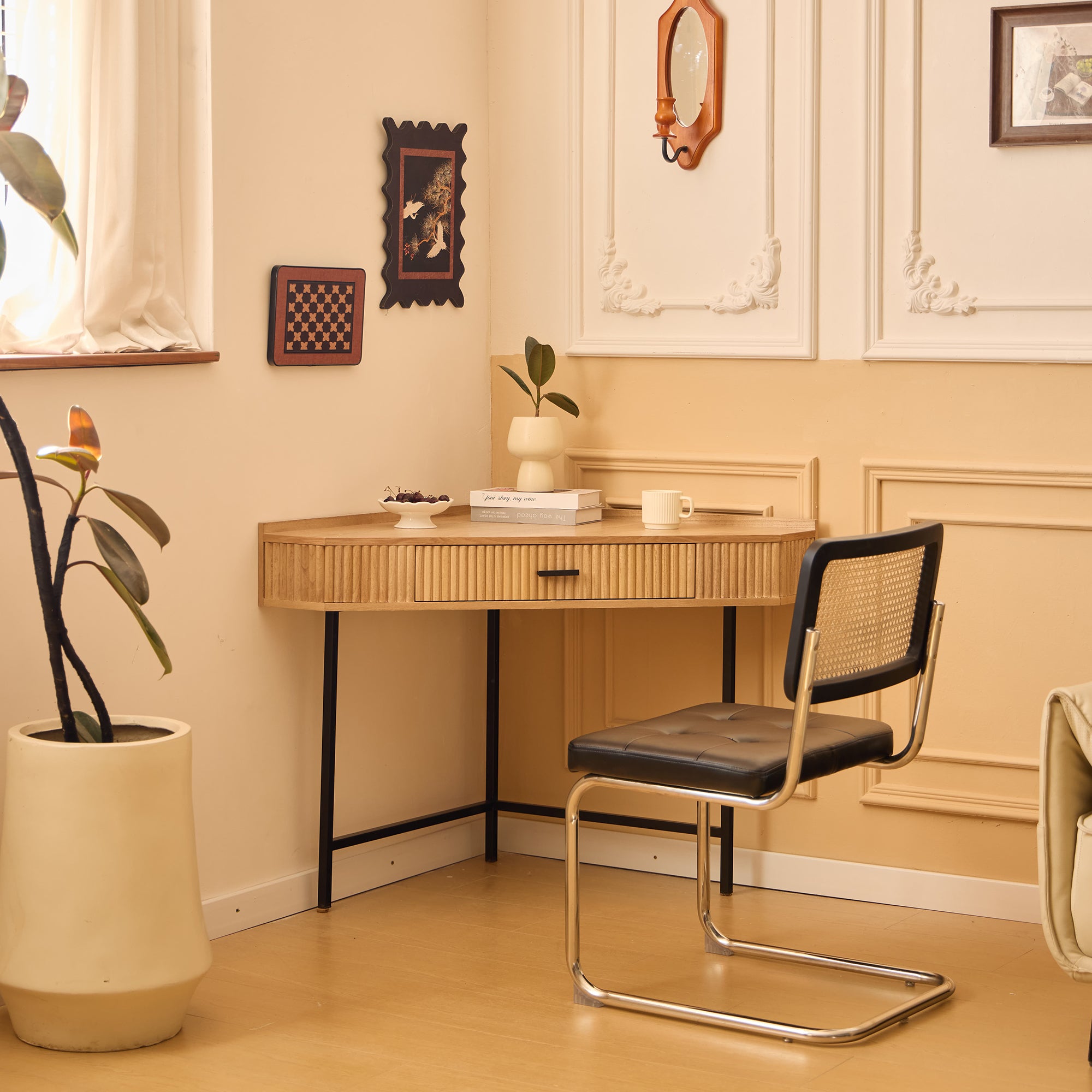 SETO – Biurko narożne z drewna i metalu, 1 szuflada