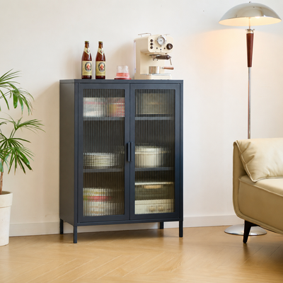 SKIEN - Buffet 2 portes en métal et verre strié bleu
