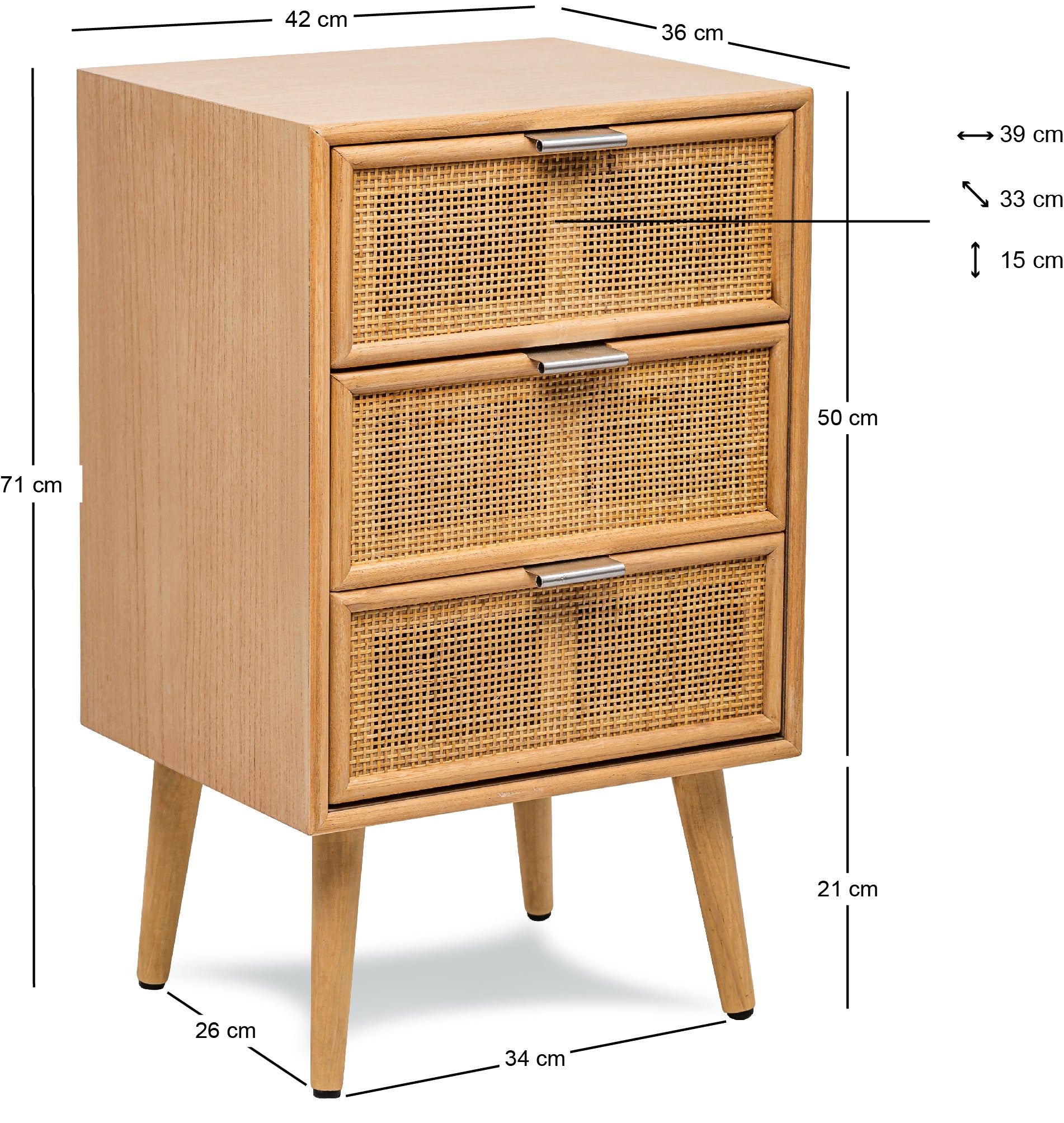 Komoda z 3 szufladami z drewna i naturalnego rattanu