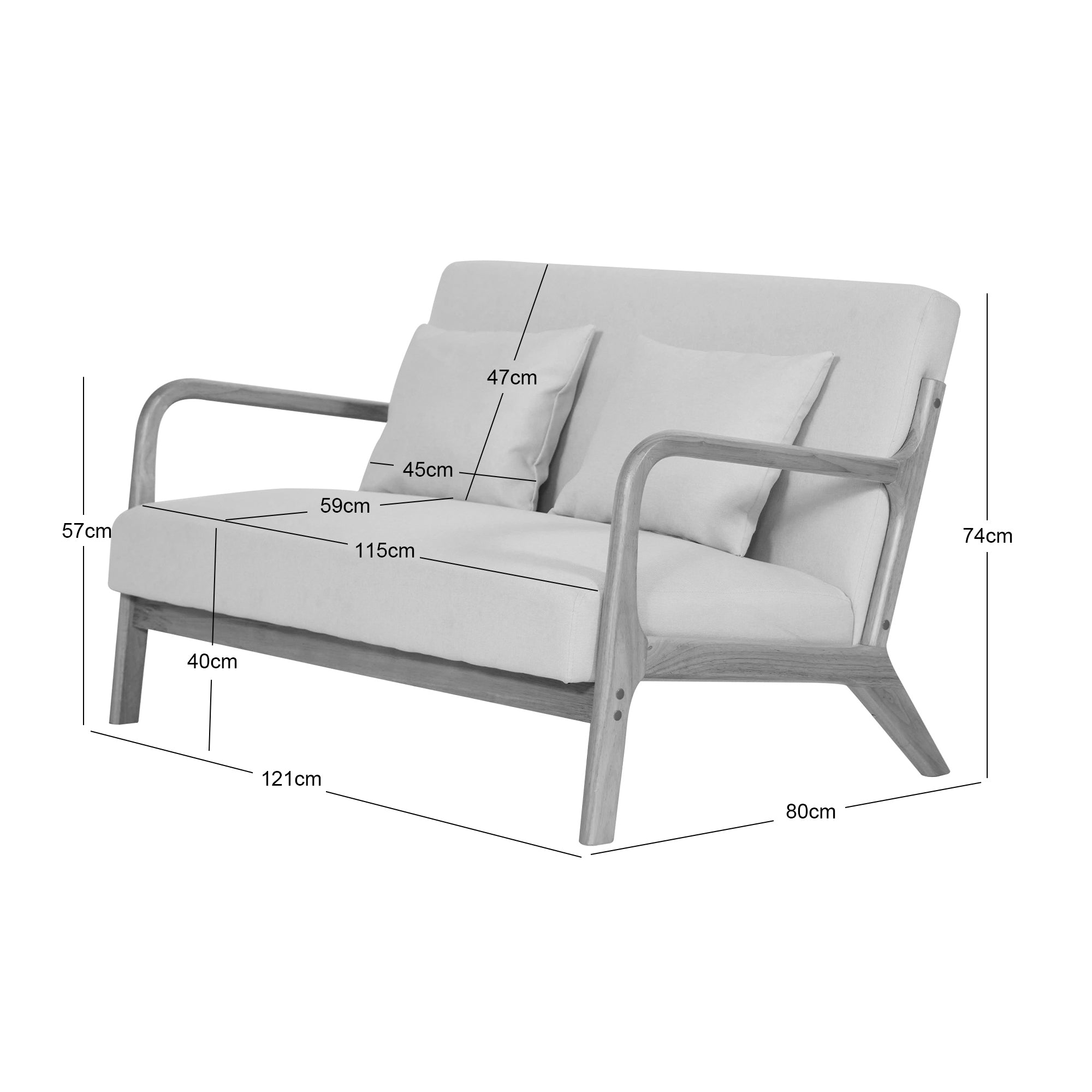 OHAMA – Skandynawska ławka 2-osobowa z drewna i beżowej tkaniny