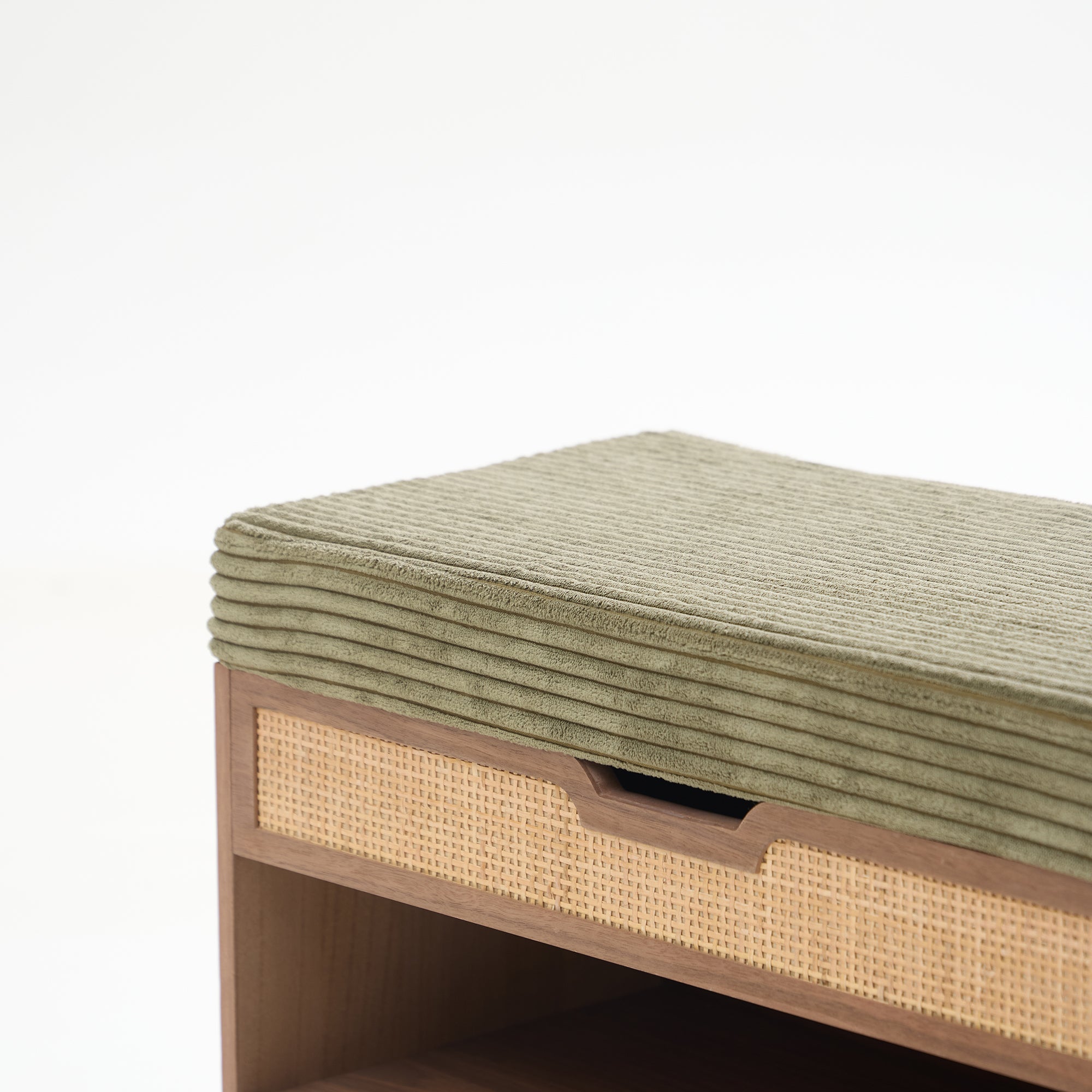 KUBO – Szafka na buty z drewnianym schowkiem i zielonym sztruksem w kolorze khaki