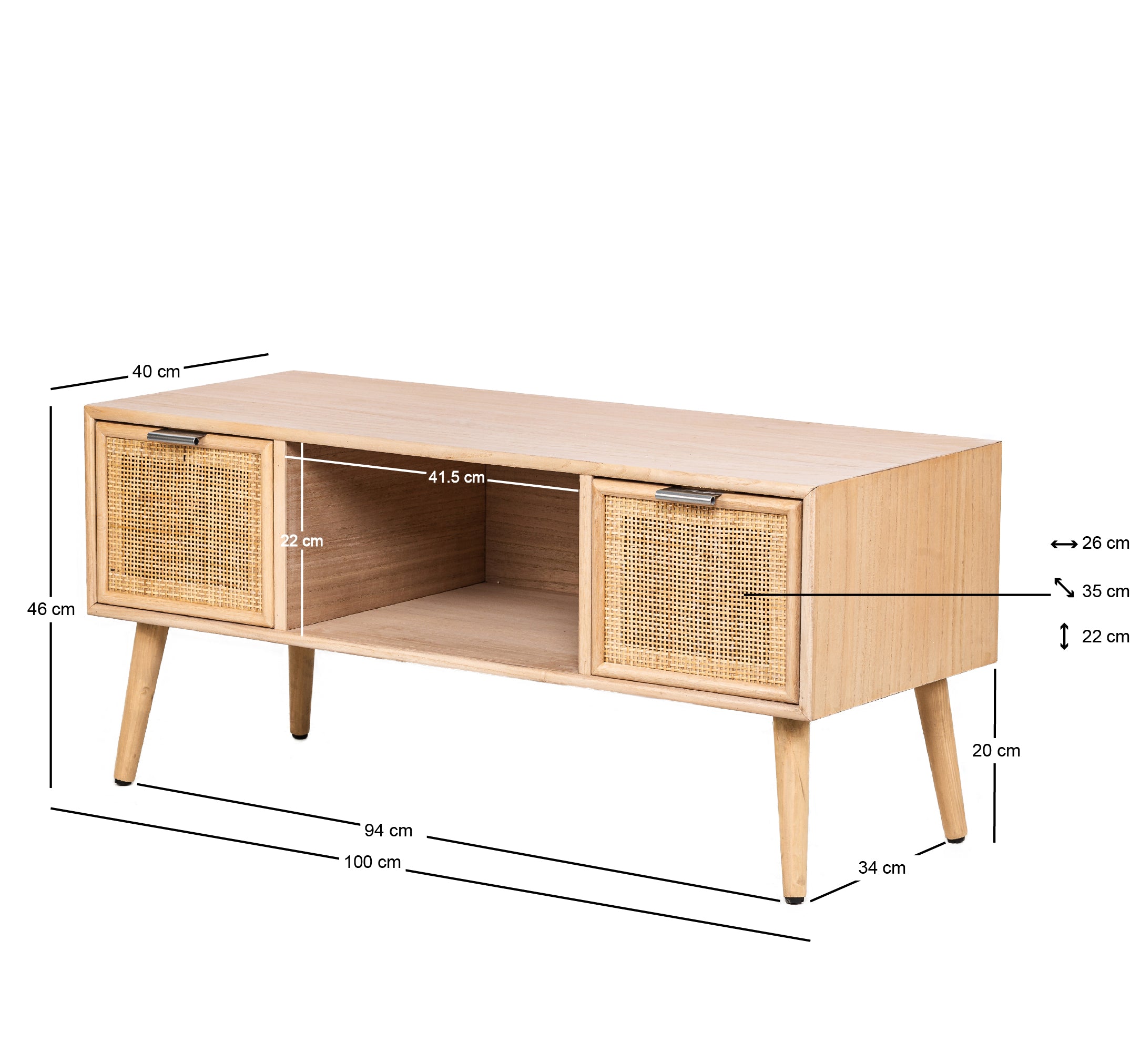 Mebel pod telewizor z 2 szufladami, wykonany z drewna i rattanu