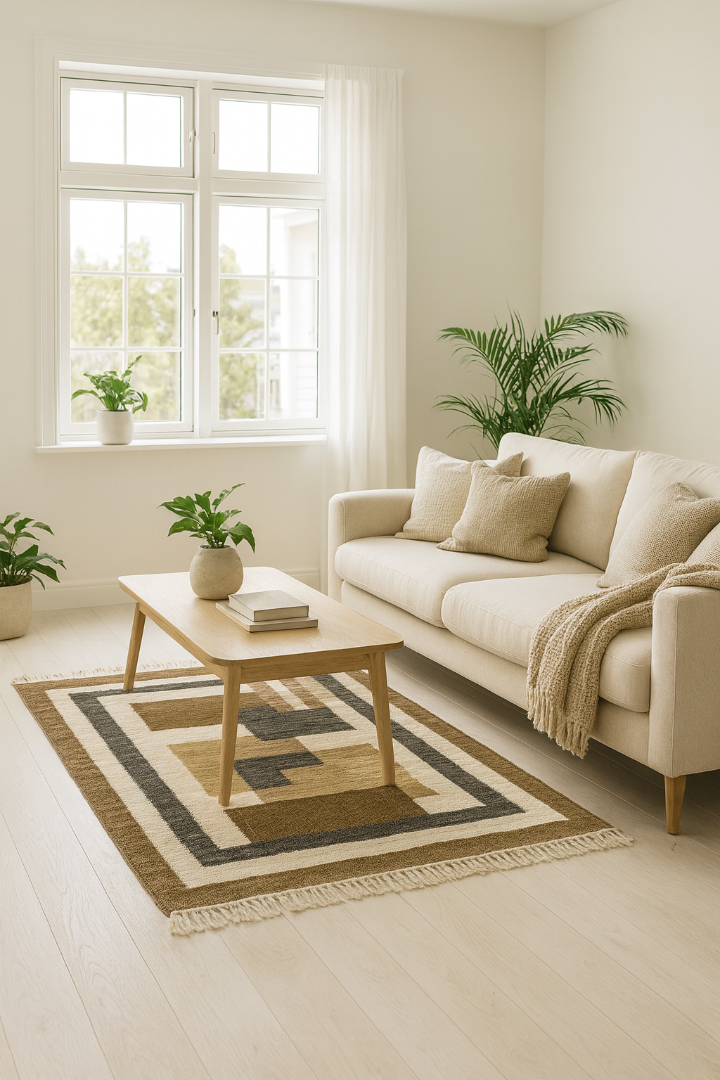 KOLARI – prostokątny dywanik bawełniany z brązowymi i ecru wzorami, 90 x 60 cm