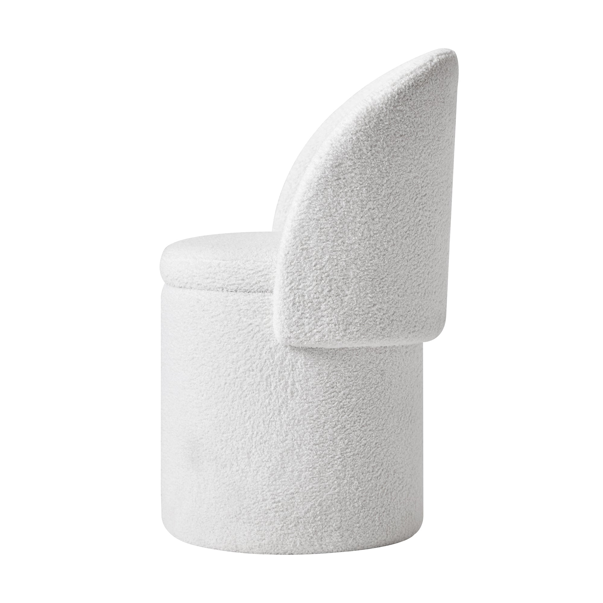 UMEA – pufa z oparciem i schowkiem, pokryta białym tkanina bouclé