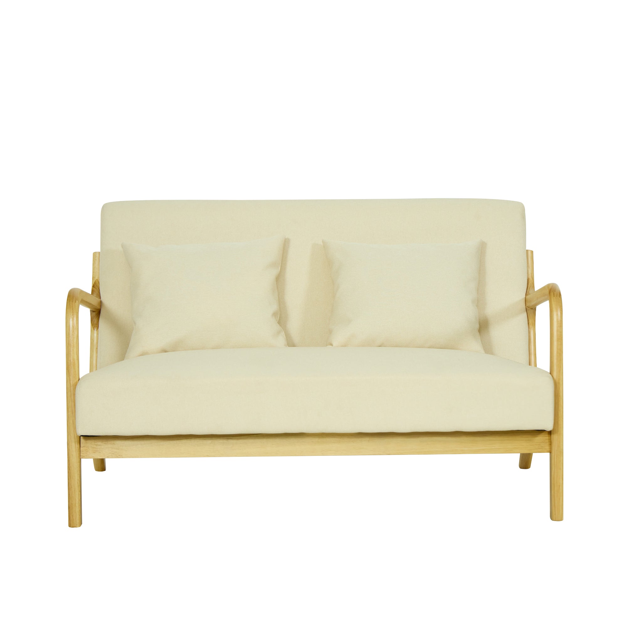 OHAMA – Skandynawska ławka 2-osobowa z drewna i beżowej tkaniny