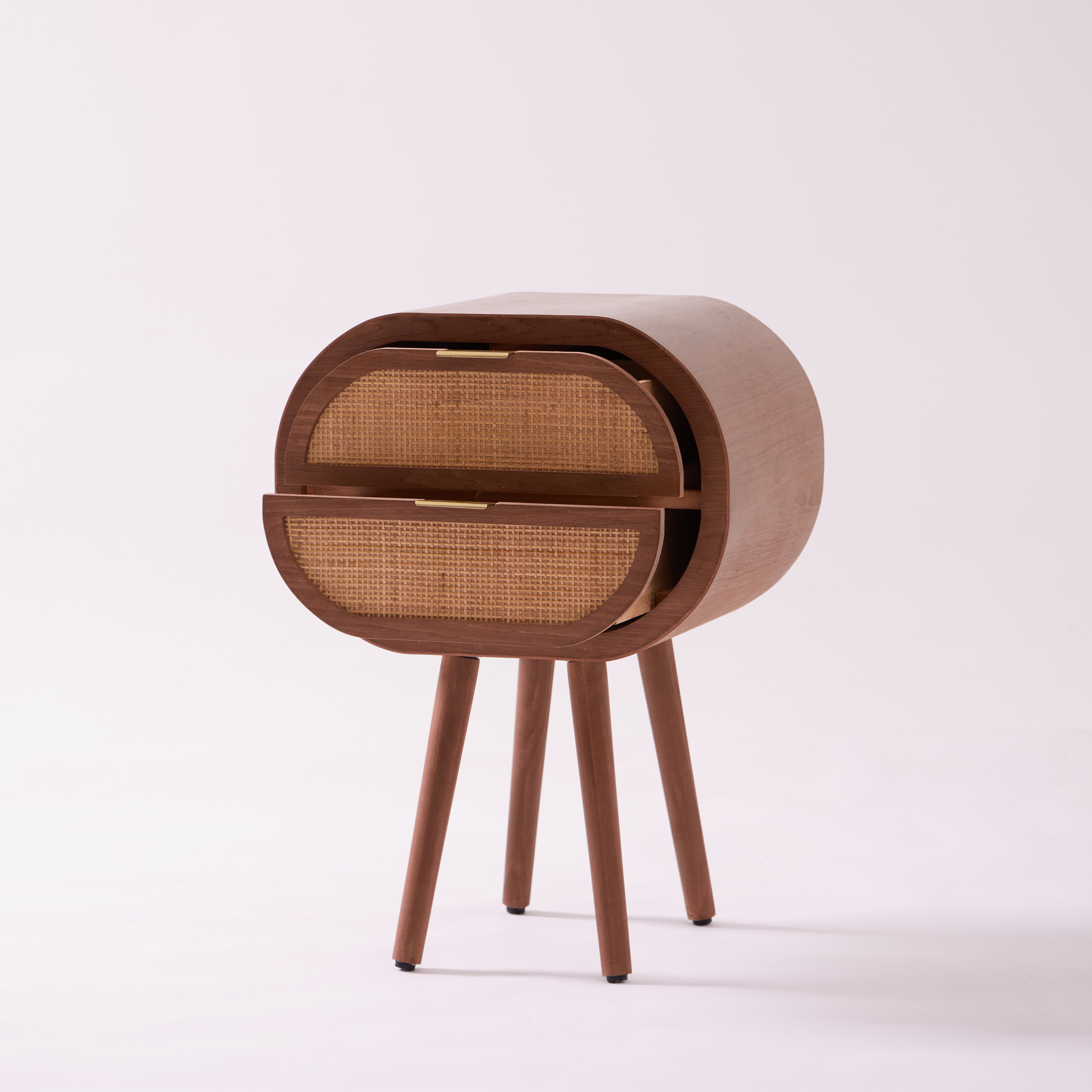 MALIRON - Szafka nocna z 2 szufladami z rattanu i drewna orzechowego