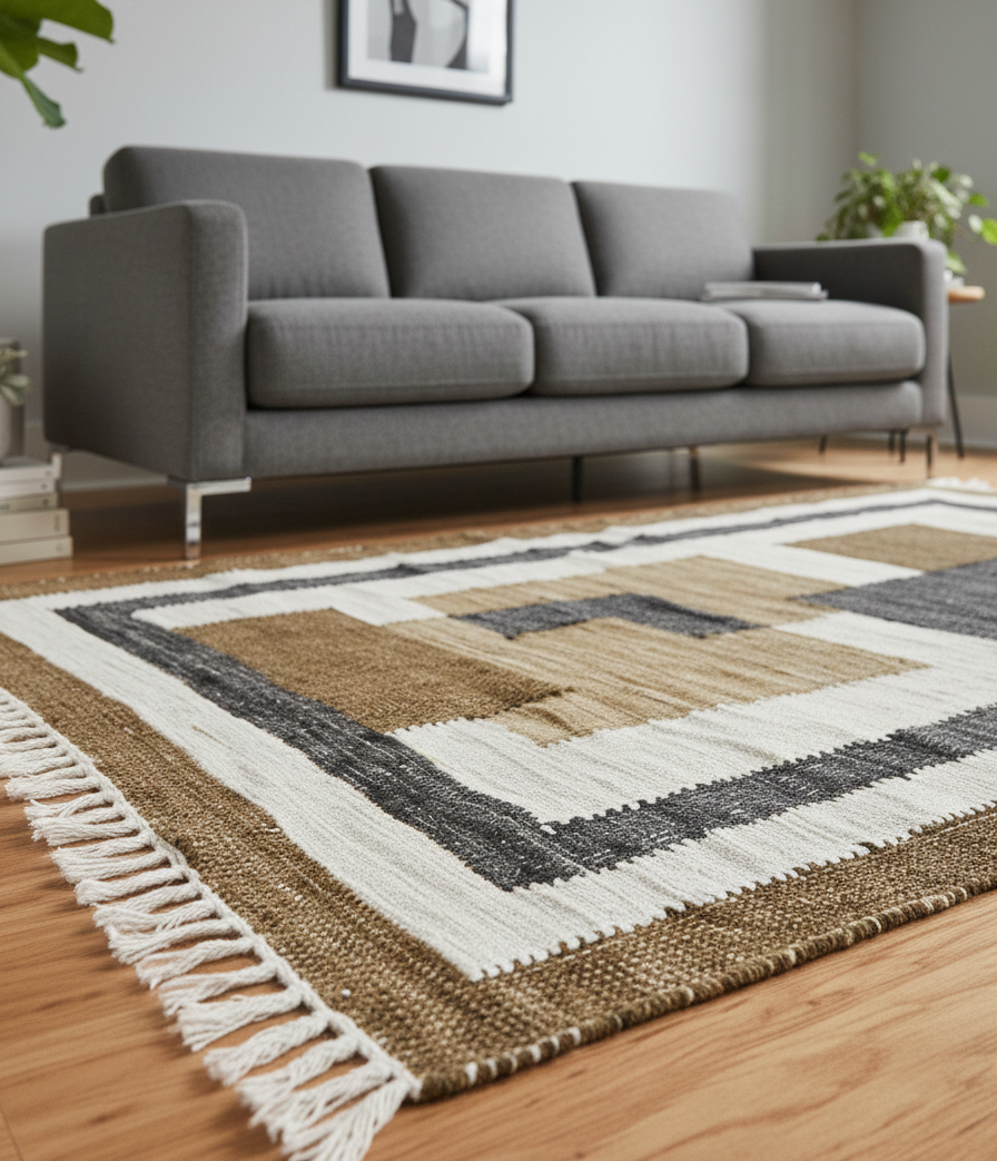 KOLARI – prostokątny dywanik bawełniany z brązowymi i ecru wzorami, 120 x 180 cm