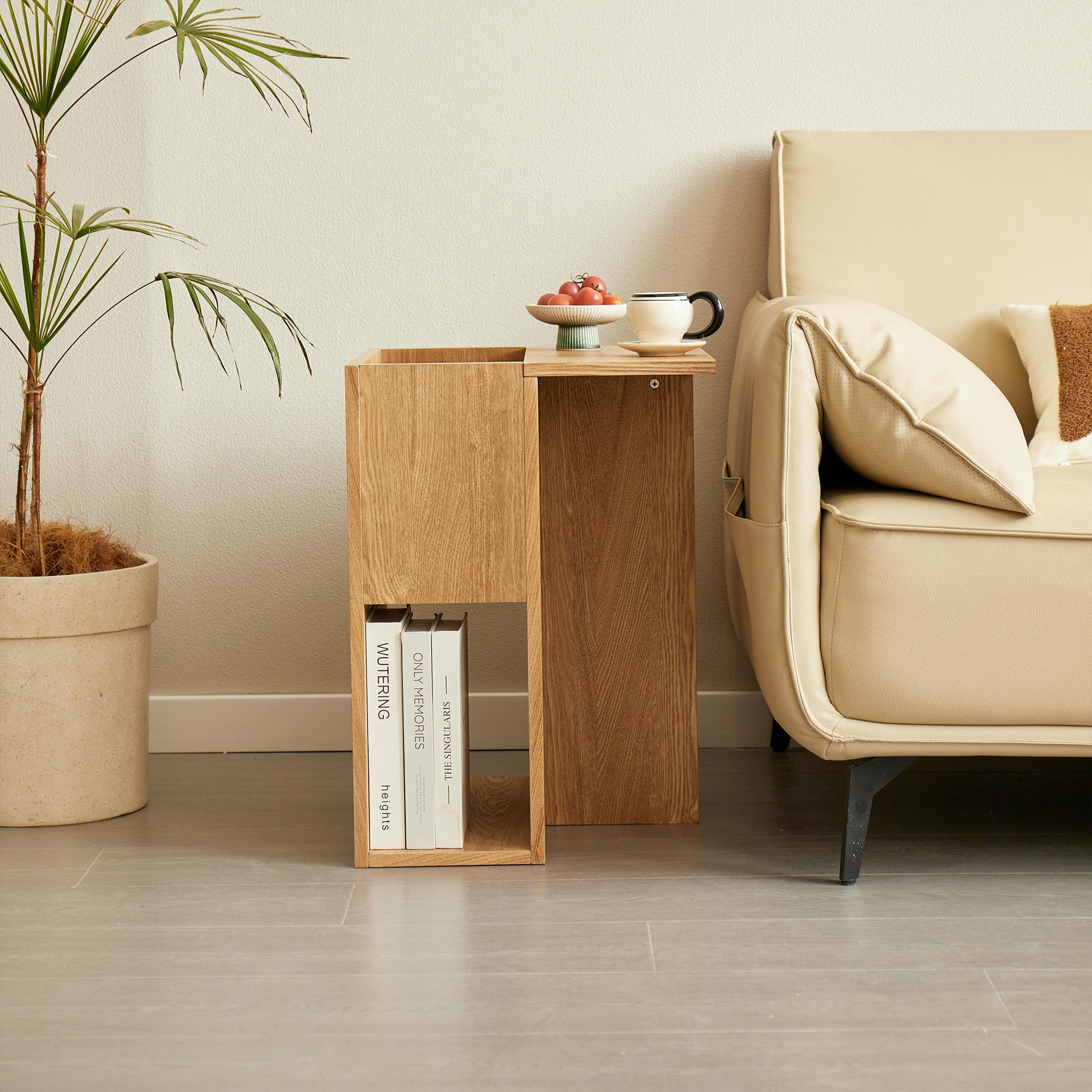 KARLSTAD – stolik pomocniczy do kanapy z drewnianym schowkiem