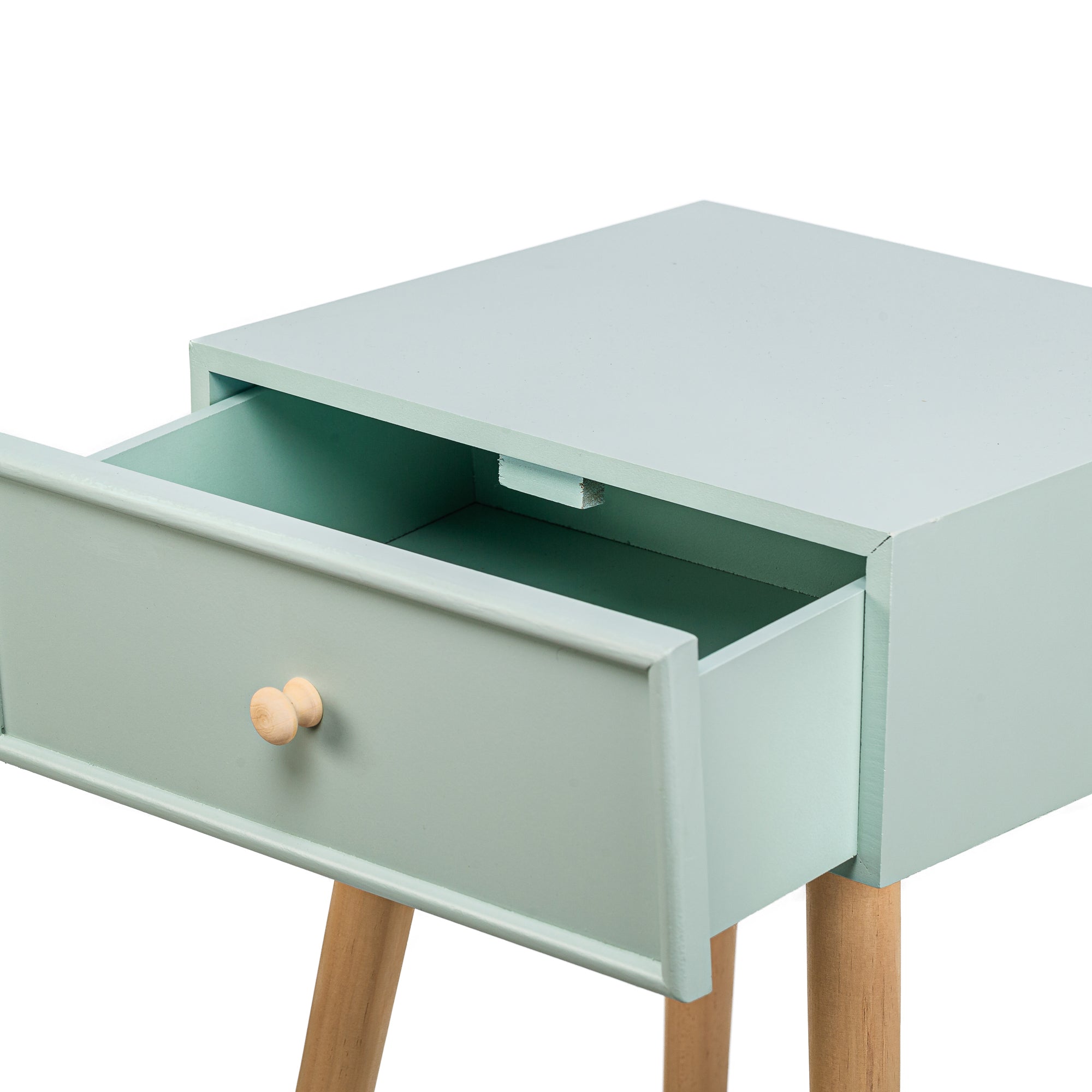 Szafka nocna z 1 szufladą, wykonana z drewna bukowego w kolorze miętowej zieleni
