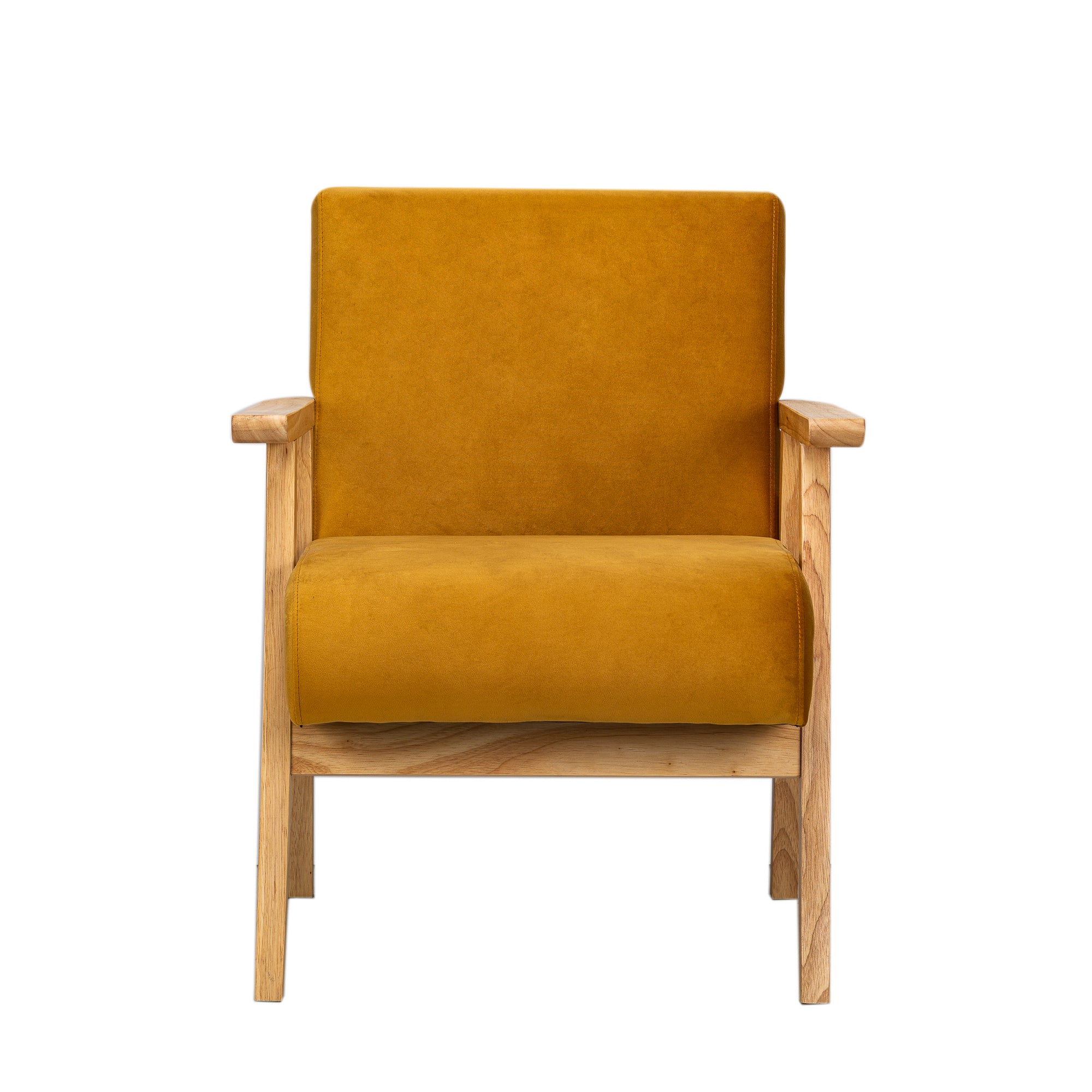 Fotel salonowy z litego drewna i aksamitu w kolorze musztardowej żółci