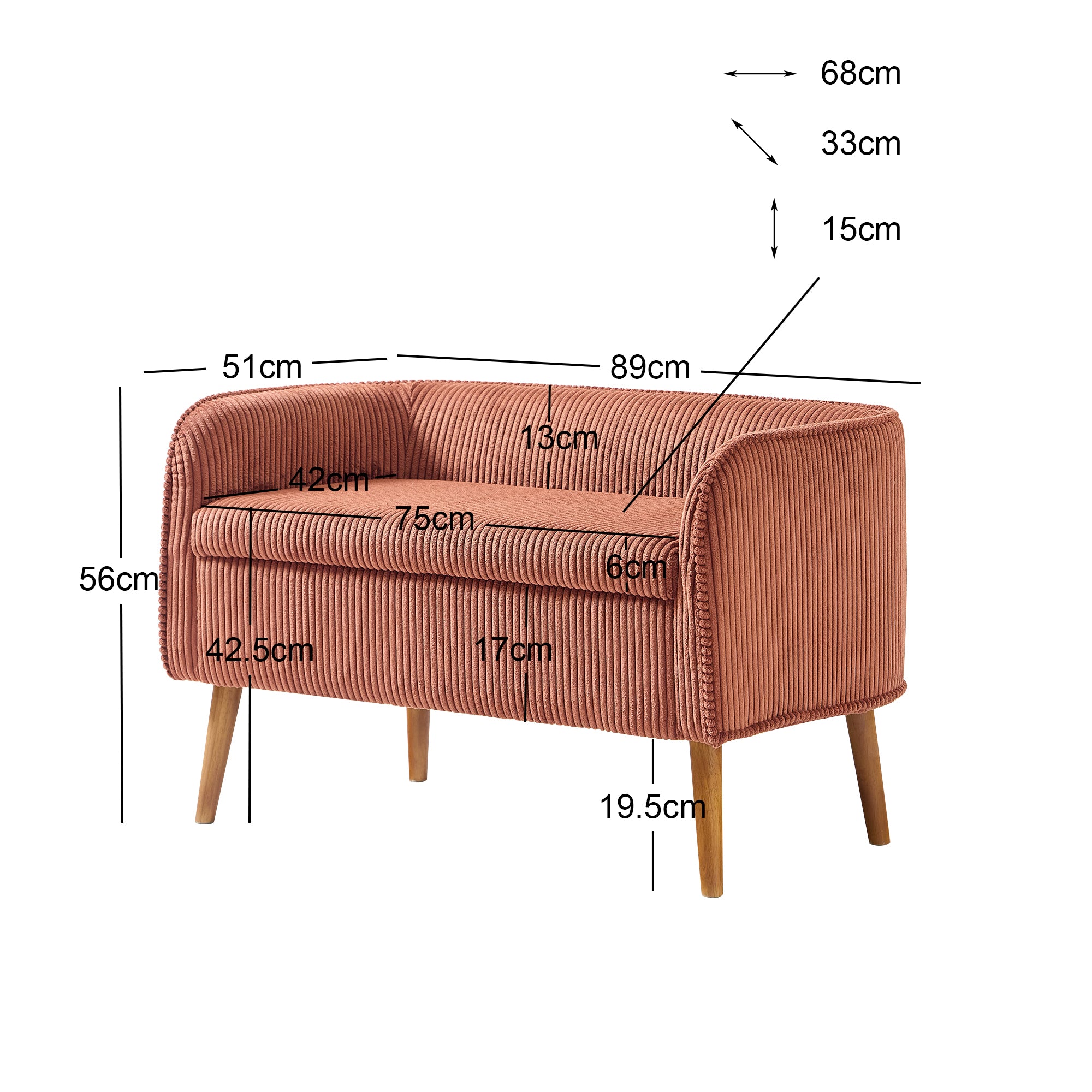 KIRKENES – Ławka z pojemnikiem z drewna i sztruksu w kolorze terakoty