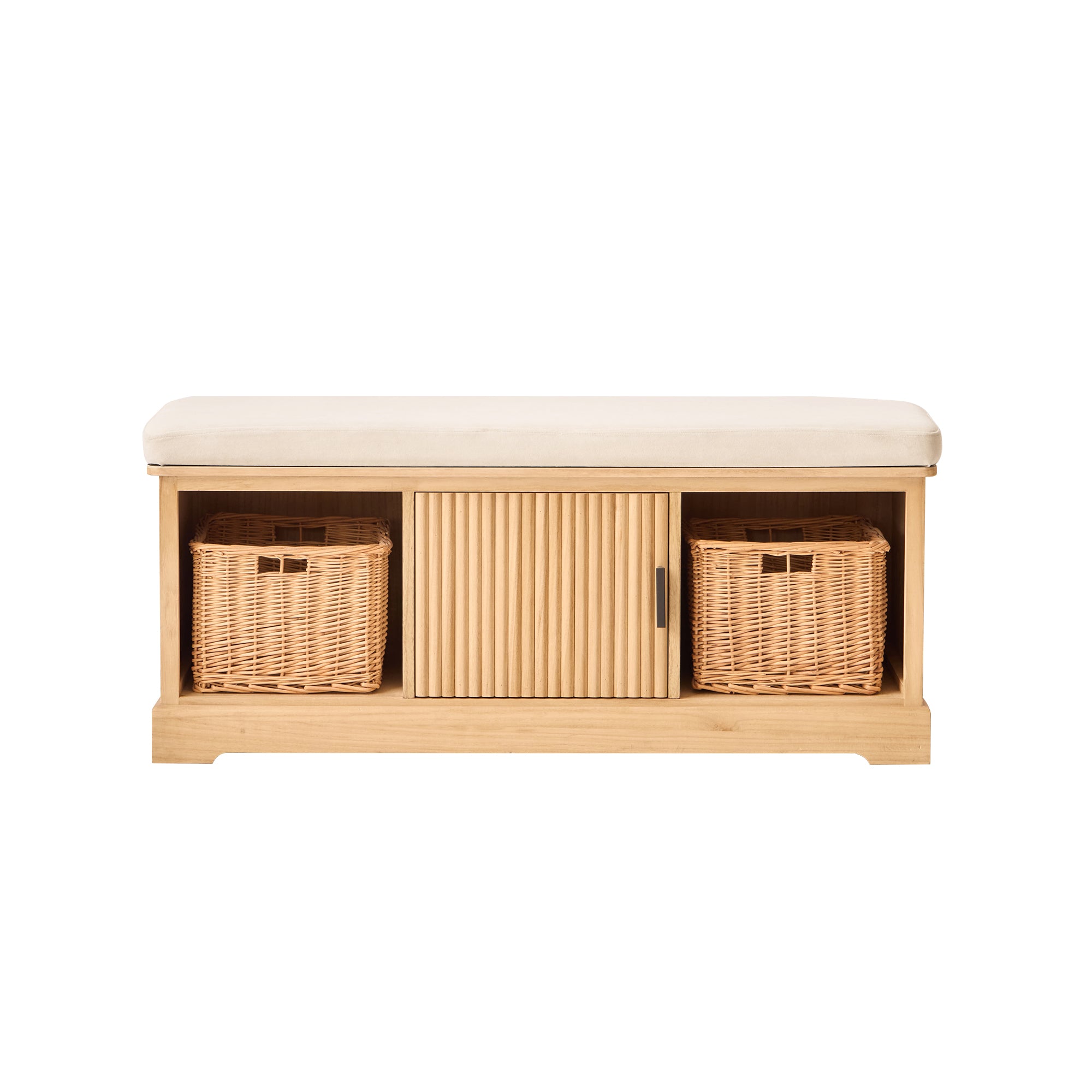 CHIBA – Ławka z pojemnikiem, wykonana z drewna i beżowego aksamitu