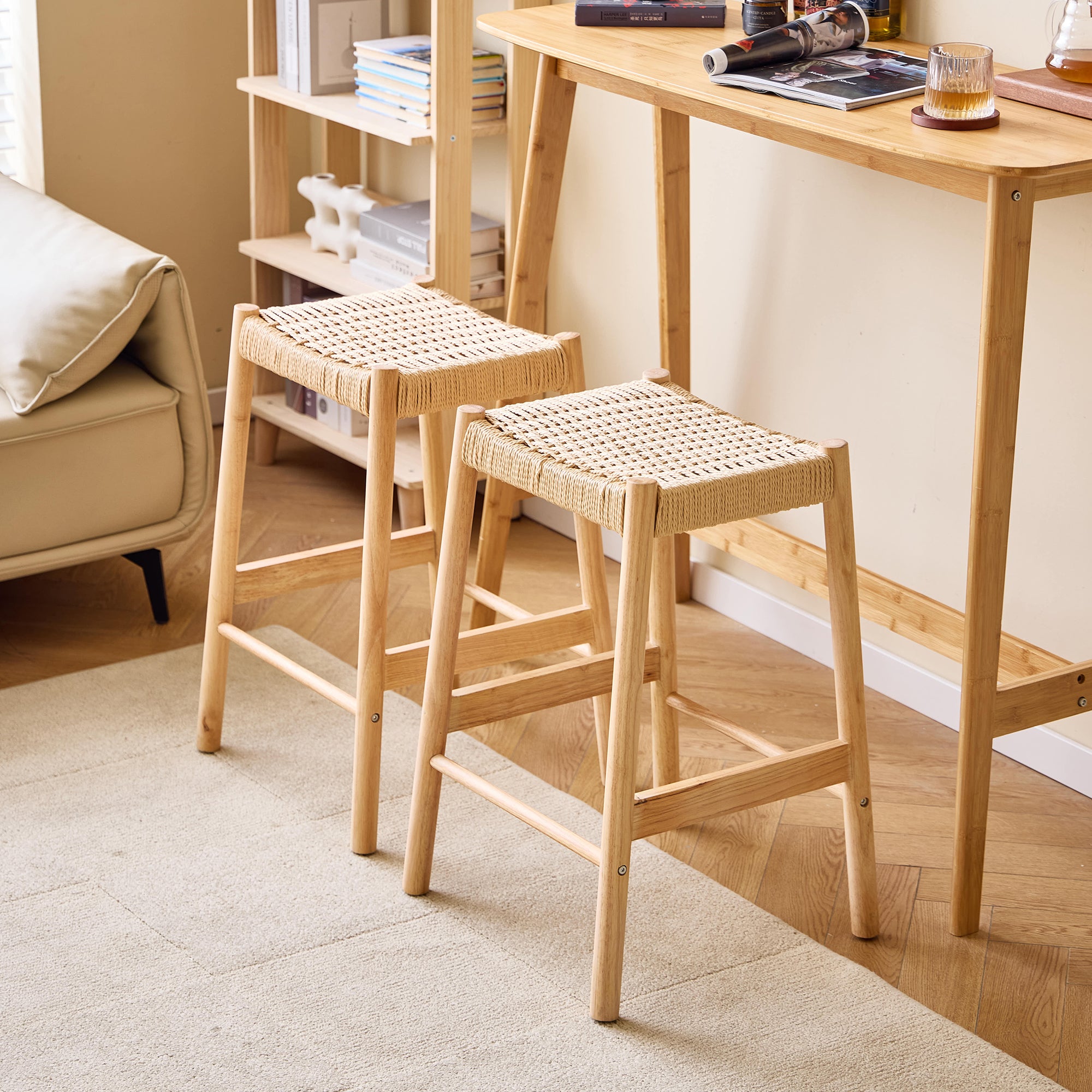 SALTA - Zestaw 2 stołków barowych z litego drewna i liny