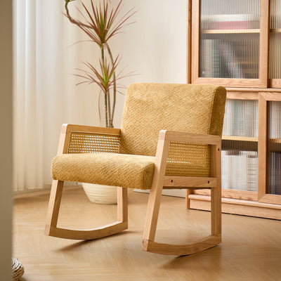 BORGO - Schommelstoel van massief hout, rattan en geel stof