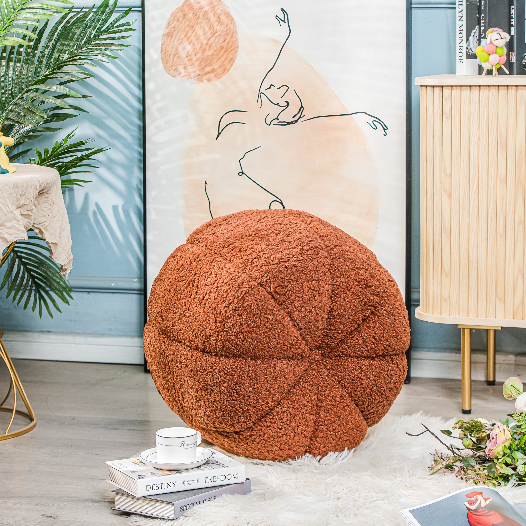 FJORD - Pufa z pętelkami w kolorze terakoty z paskami